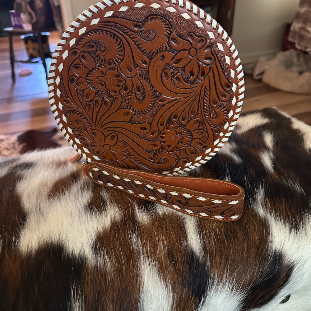 Brown Floral Embossed Wristlet Clutch